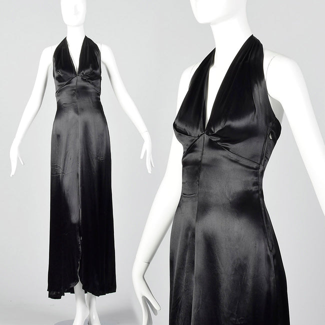 1930s Halter Dress in Black Liquid Satin