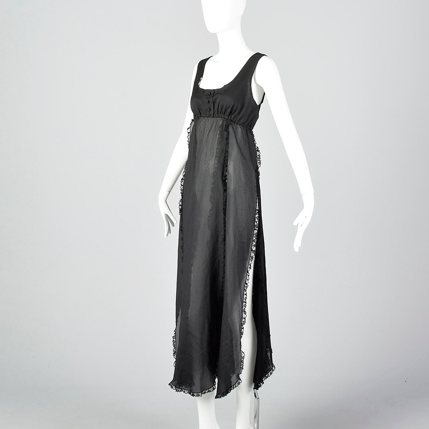 1970s Saks Fifth Avenue Sheer Black Nightgown with Car Wash Hem
