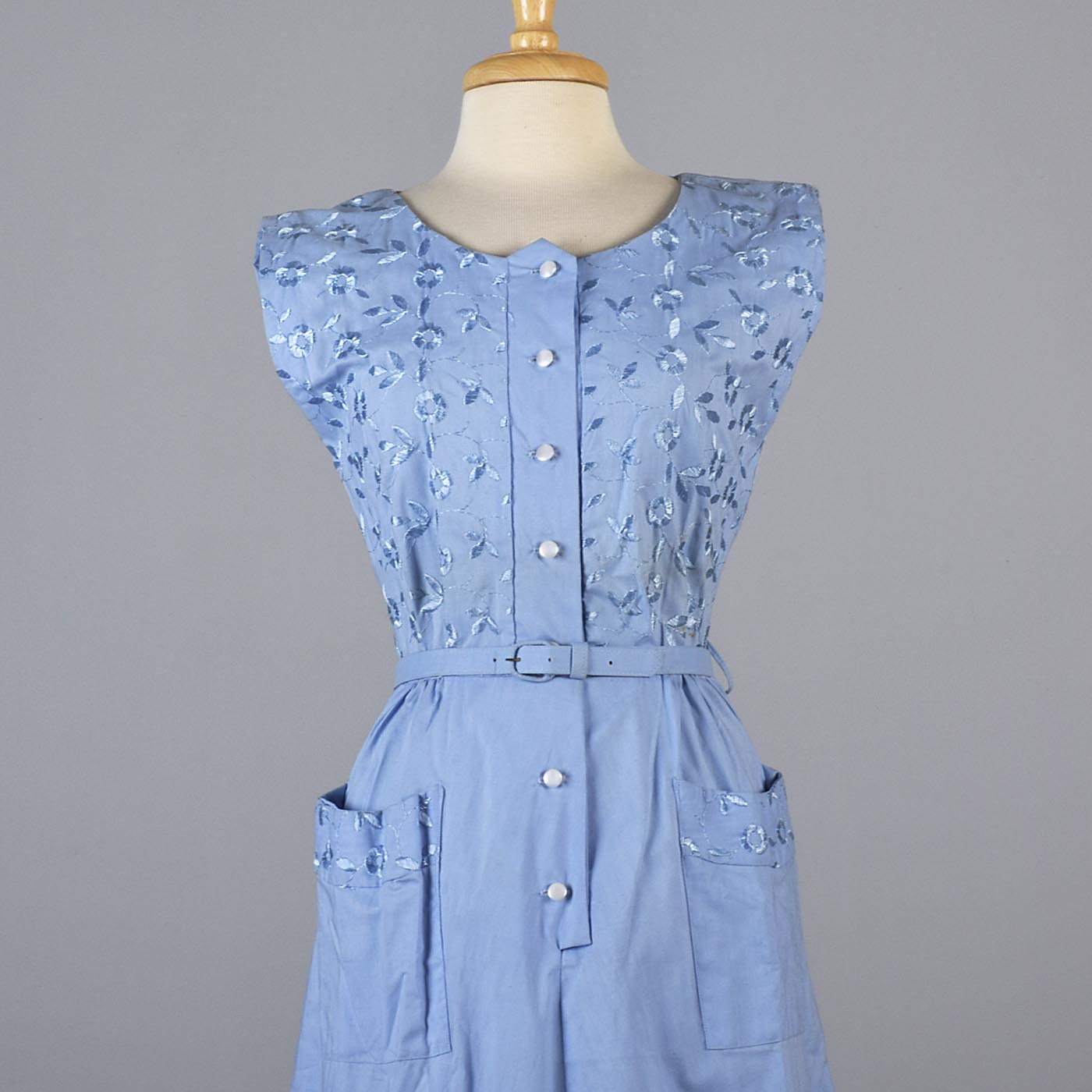 1950s Blue Day Dress with Floral Embroidery