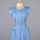 1950s Blue Day Dress with Floral Embroidery