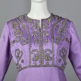 1960s Purple Statin Maxi Dress with Beaded Bodice
