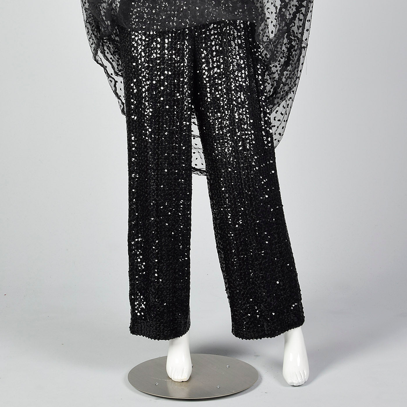1970s Oscar de la Renta Sequined Jumpsuit with Low V Neckline & Sheer Mesh Overskirt