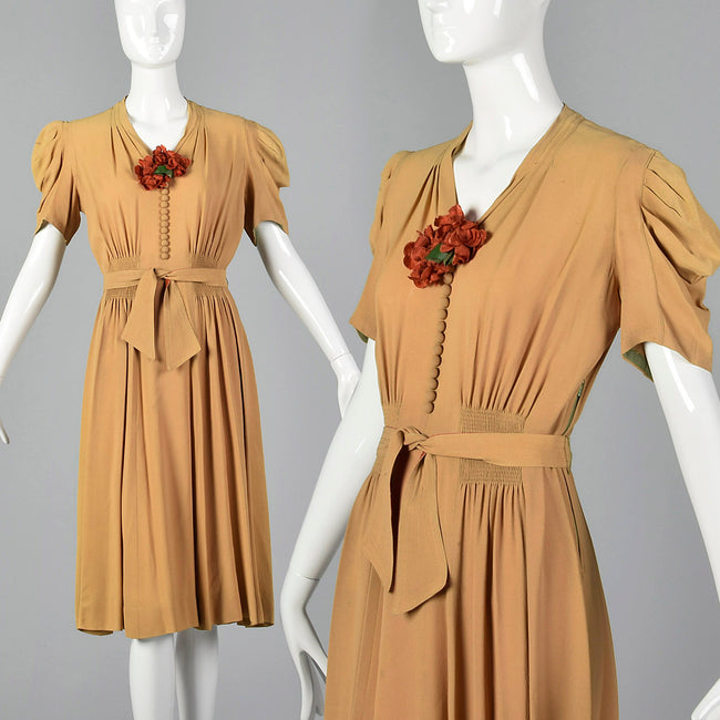 1940s Tan Rayon Crepe Dress with Full Flower Corsage