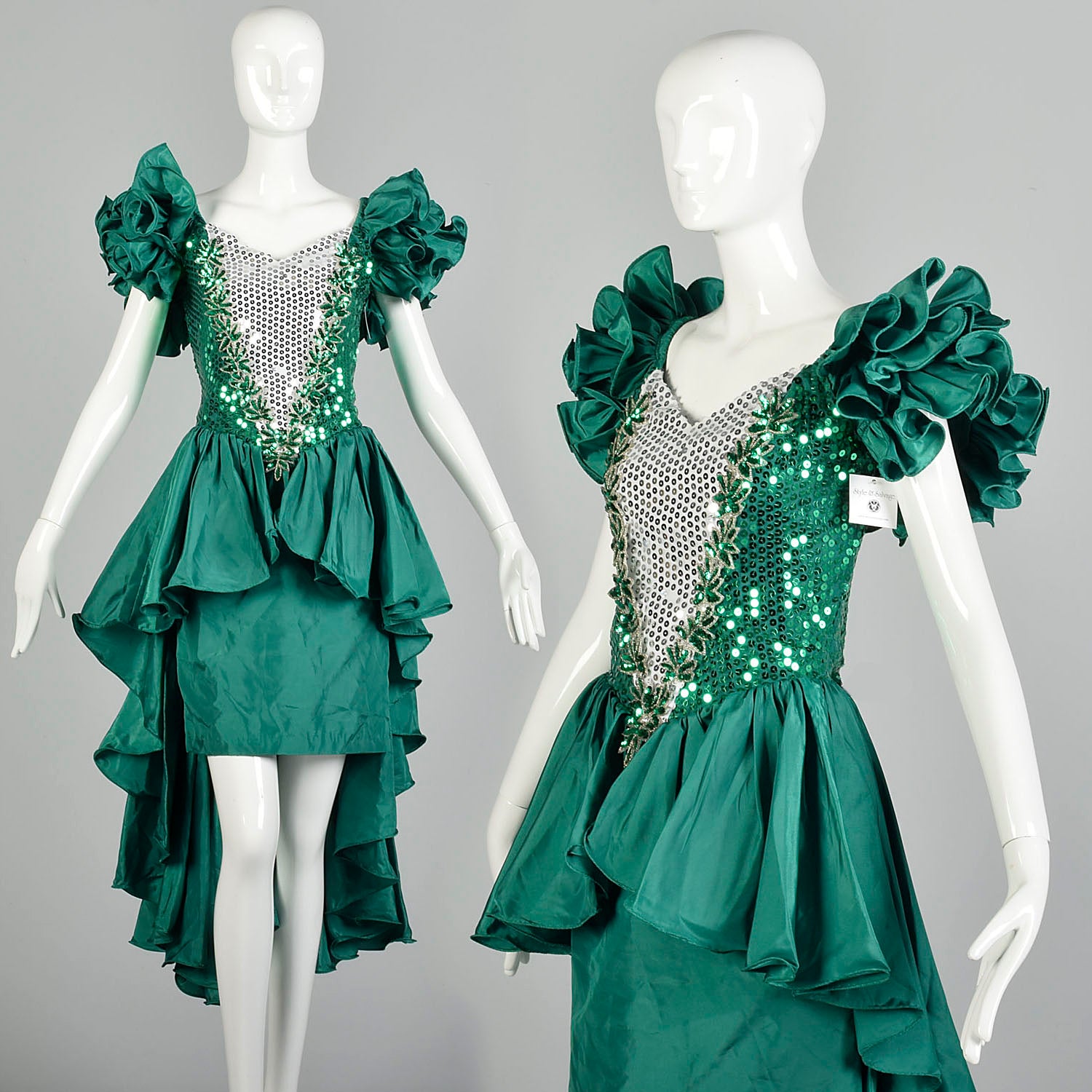 Medium 1980s Sequin Peplum Prom Dress Green Silver Hi-Low Hem Mini Pencil Skirt