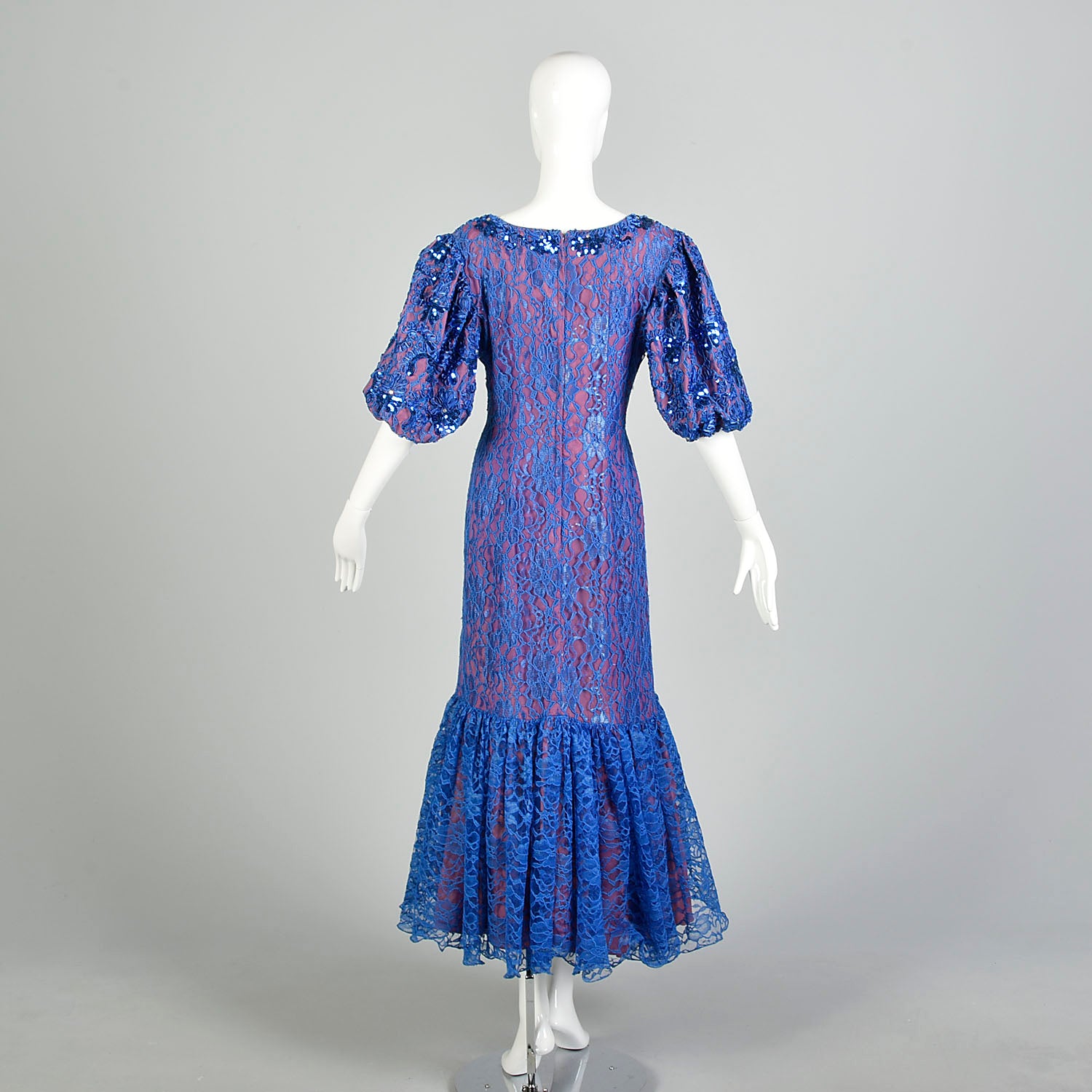 XL 1980s Mike Benet Formals Blue Sequin Lace Pageant Prom Formal Dress