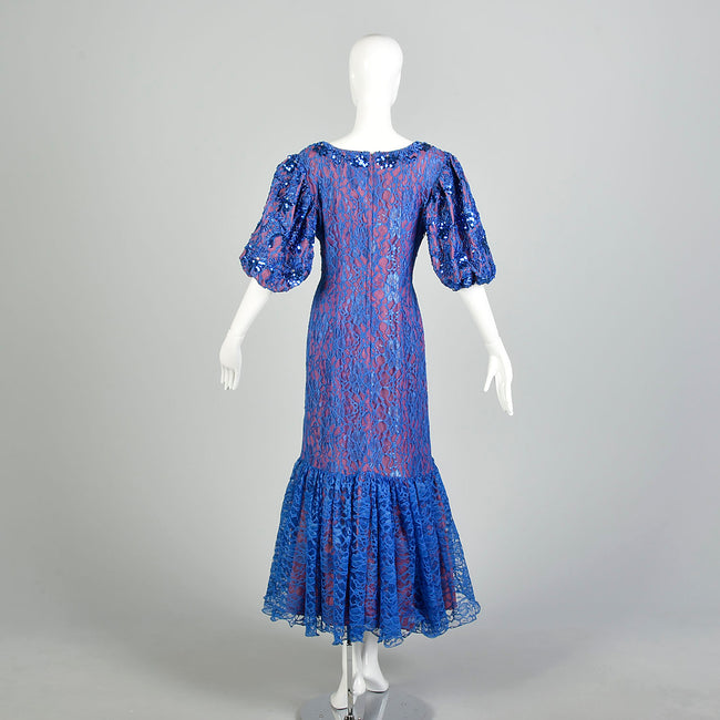 XL 1980s Mike Benet Formals Blue Sequin Lace Pageant Prom Formal Dress