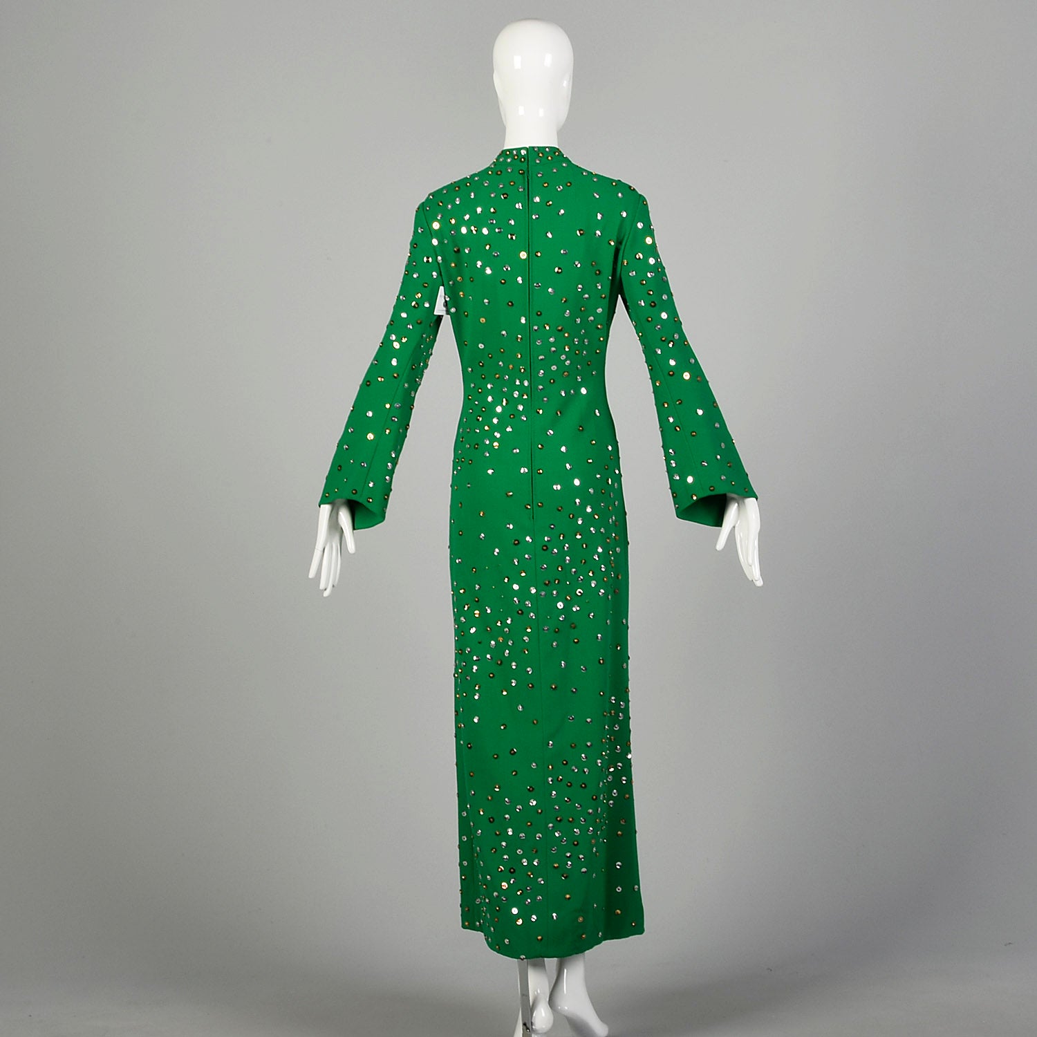 Large 1970s Pauline Trigere Dress Green Long Sleeve Formal Evening Gown Sequin