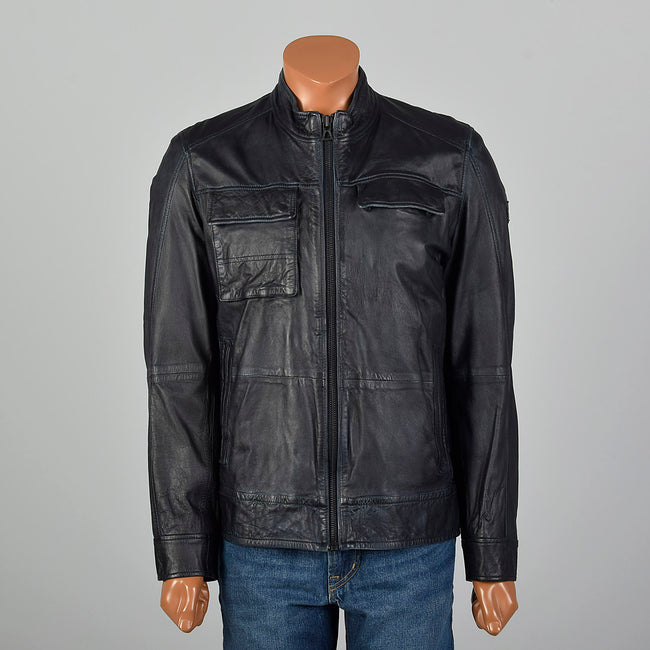 Medium Hugo Boss Cafe Racer Dark Navy Leather Jacket