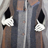 OSFM 1970s Tweed Color Block Cape Attached Scarf Wool Stripe Multi Color Wrap