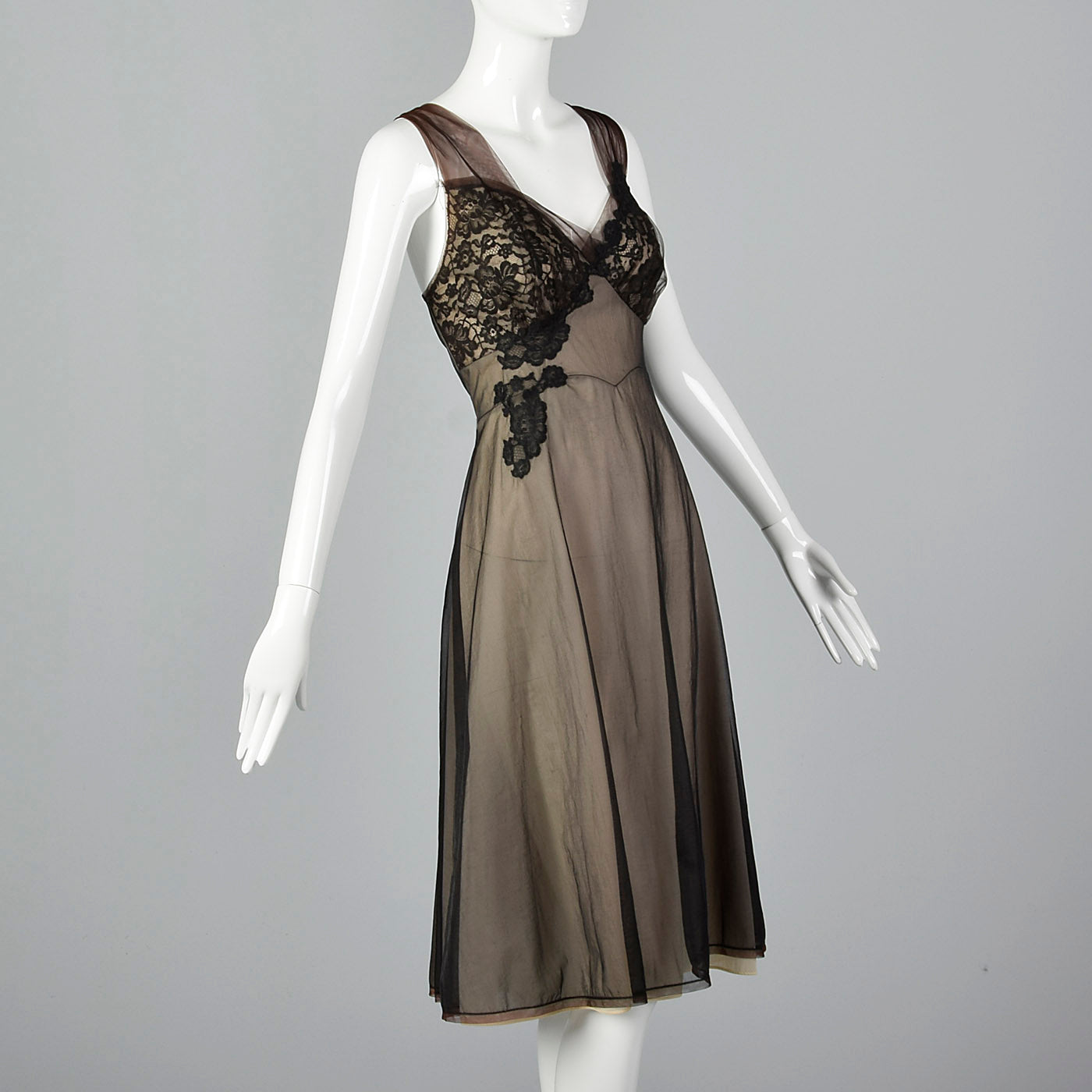 1950s Black Nightgown with Black Lace Applique