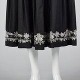 1990s Anne Klein A Line Black Skirt with Embroidered Border