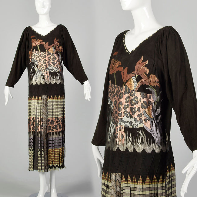 XL Suede Leather Dress 1980s Leopard Fringe Wild Cat Long Sleeve
