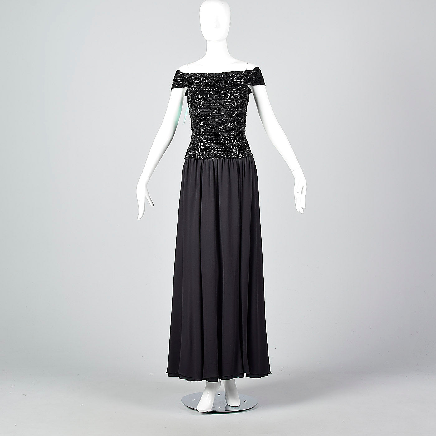 Off Shoulder Oleg Cassini Black Tie Formal Gown with Beaded Bodice and Full Skirt
