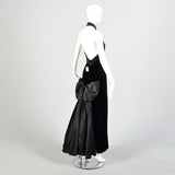 Small 1980s Black Velvet Mermaid Train Backless Formal Evening Gown Prom Dress