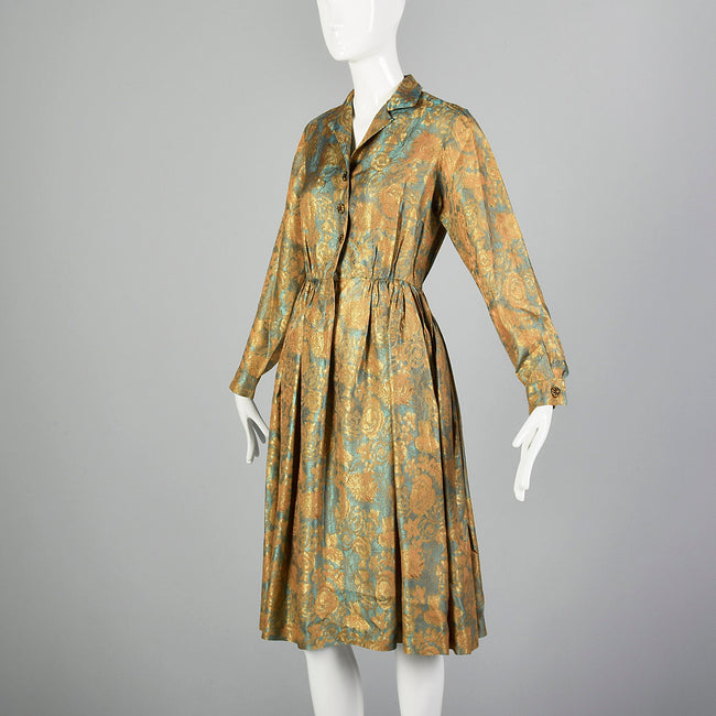 XXS Saks Fifth Avenue 1950s Green and Gold Floral Dress