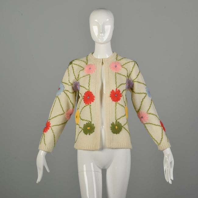 Small 1960s Embroidered Cardigan Sweater Colorful Flowers On Off-White Knit