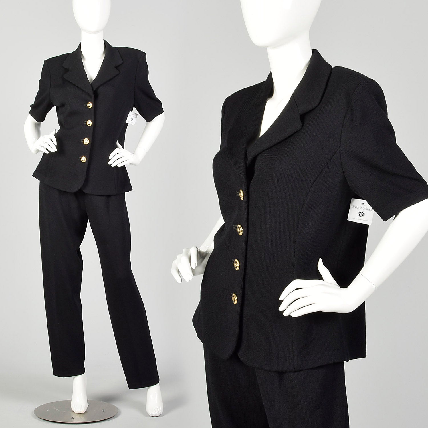 Large 1990s St. John Pant Suit Black Knit Jacket Ensemble