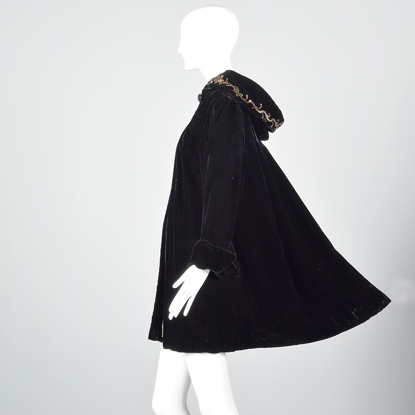 1940s Black Velvet Coat with Sequin Hood