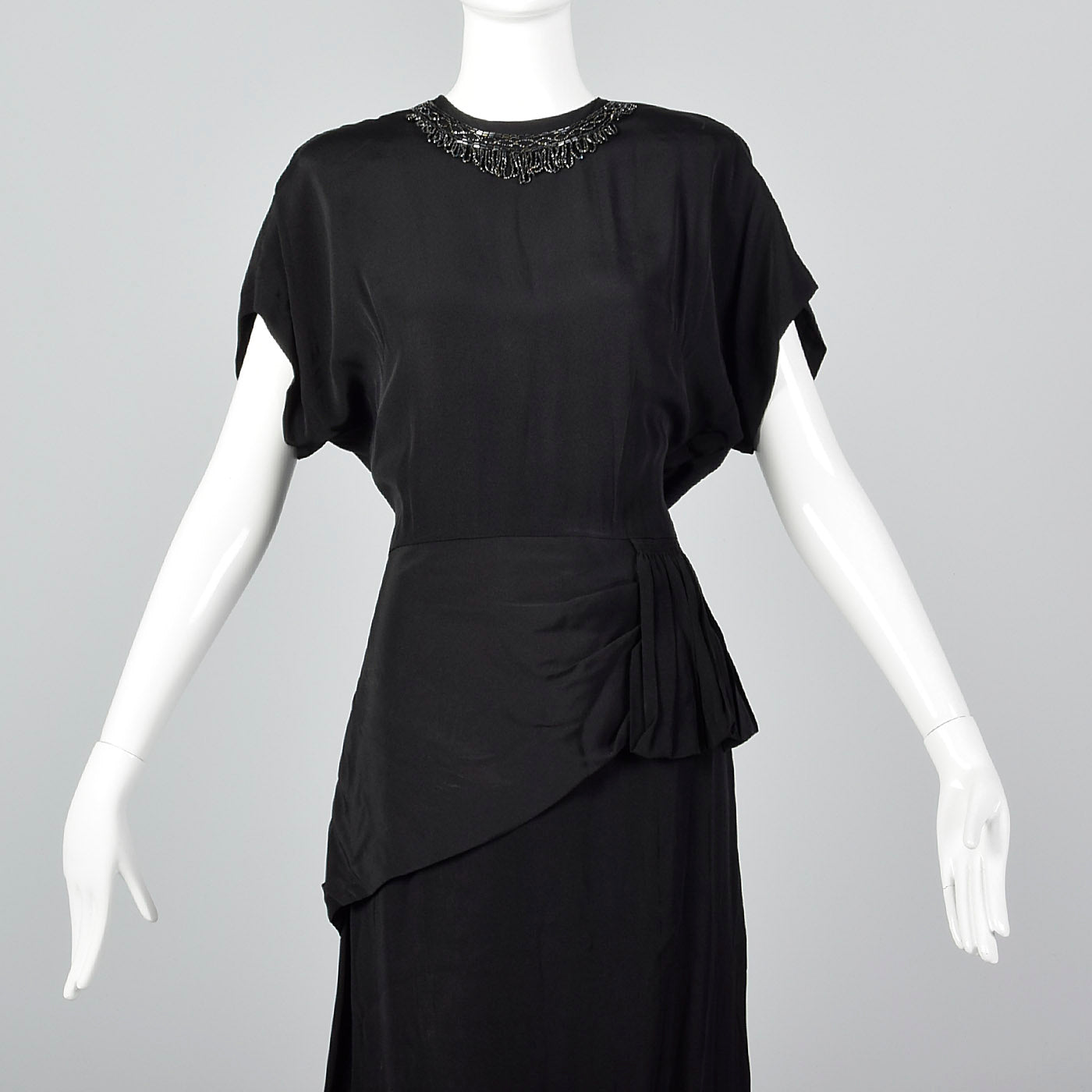 1940s Black Rayon Dress with Beaded Collar