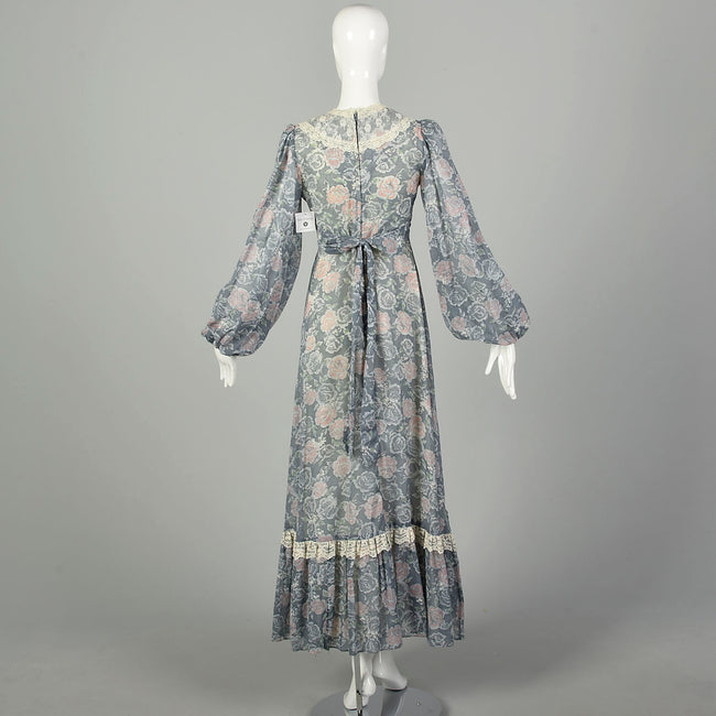 XS 1970s Gunne Sax Prairie Dress Lace Up Corset Bodice Tie Back Waist Long Sleeve Cottagecore Floral Print Maxi