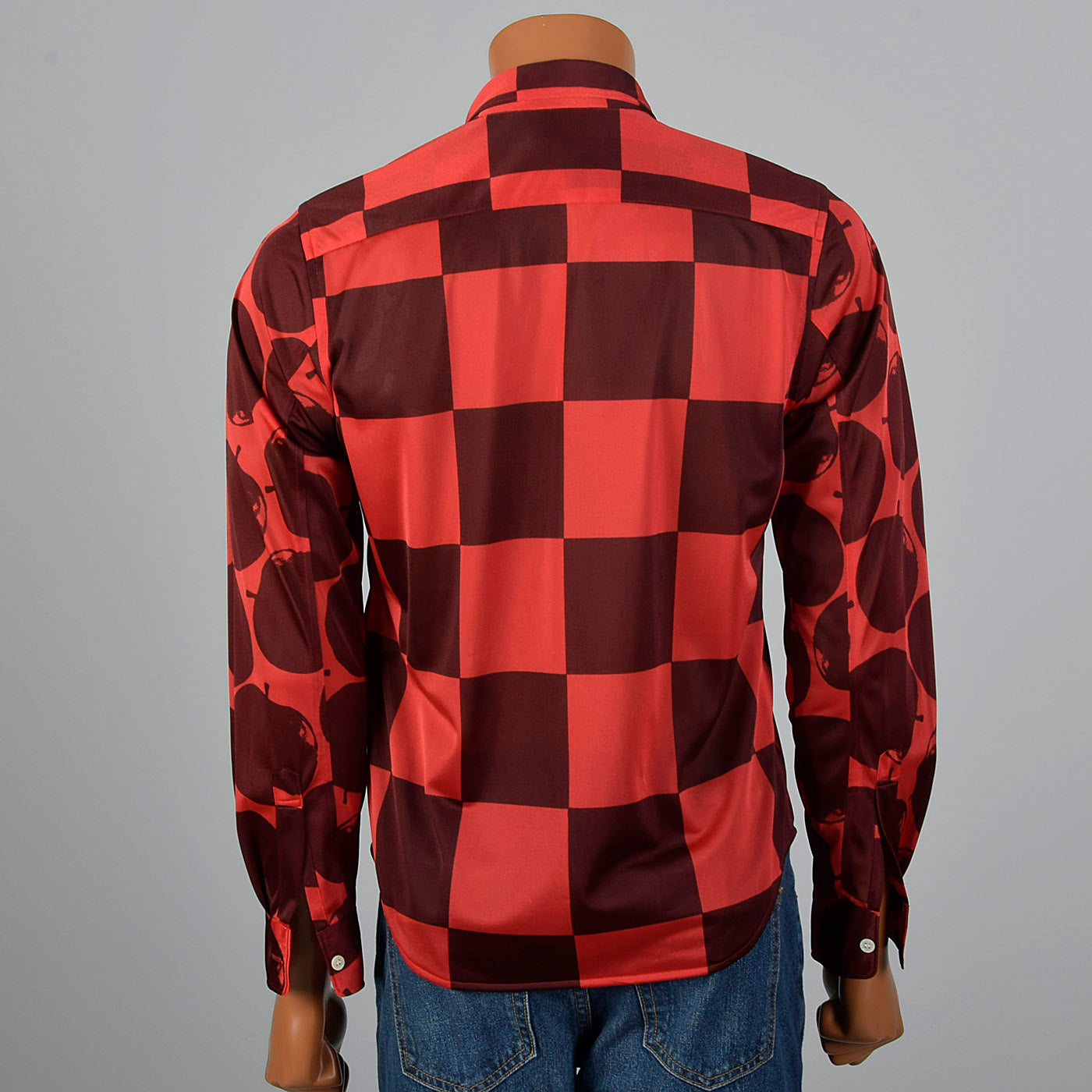 2000s Comme des Garcons Red Silky Apple and Check Print Shirt