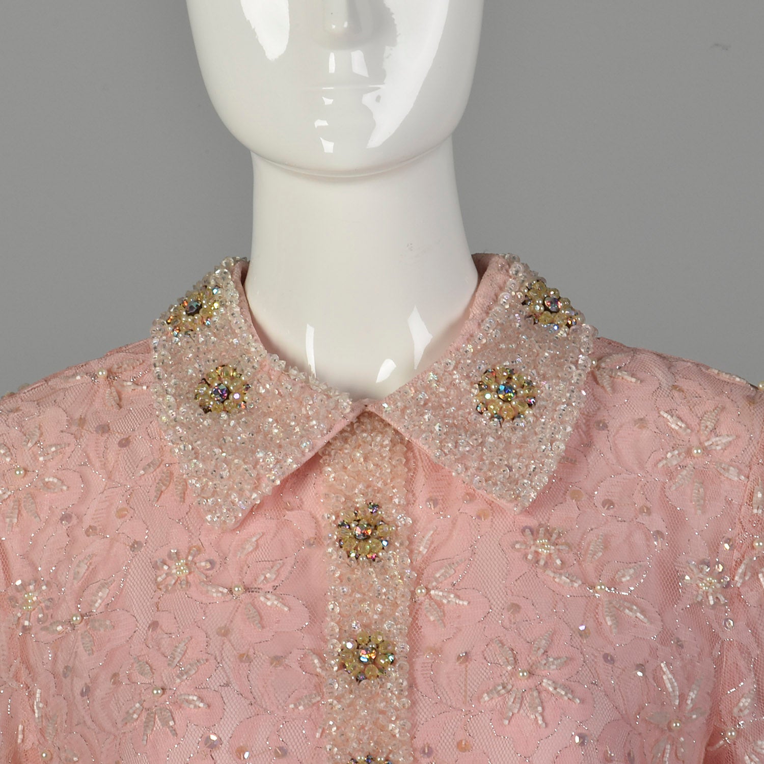 Large 1960s Mod Pink Dress Beaded Lace Long Sleeve Cocktail Party