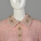 Large 1960s Mod Pink Dress Beaded Lace Long Sleeve Cocktail Party