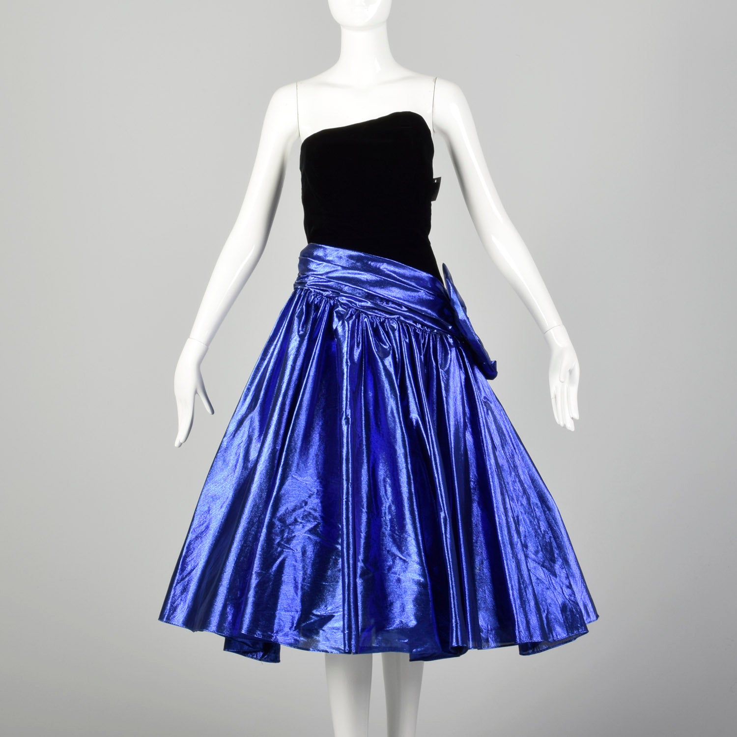 XXS 1980s Blue Lamé Prom Dress Asymmetric Black Velvet Full Skirt