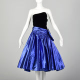 XXS 1980s Blue Lamé Prom Dress Asymmetric Black Velvet Full Skirt