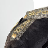 1980s Michael Hoban North Beach Leather Black Leather Dress with Metallic Gold Details