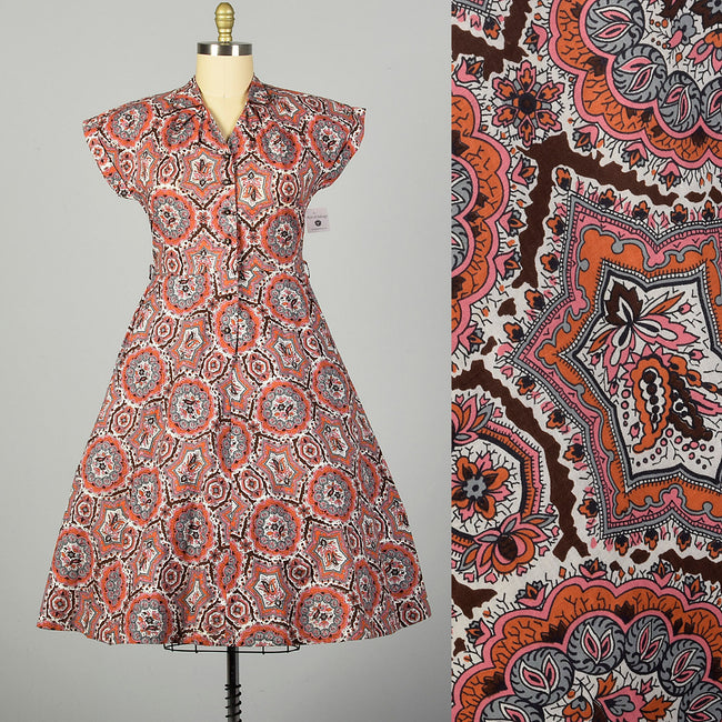 XL 1950s Day Dress Cotton Short Sleeve Volup Bohemian Print Casual Summer Shirtwaist