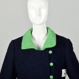 Small 1960s Wool Coat Navy Blue Mod Collar Green Buttons