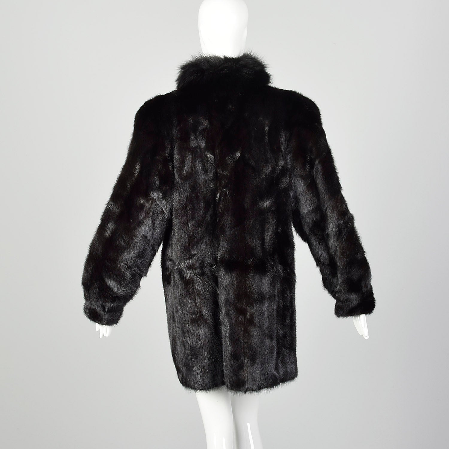 Large 1980s Black Mink Coat with Fox Fur Lapel