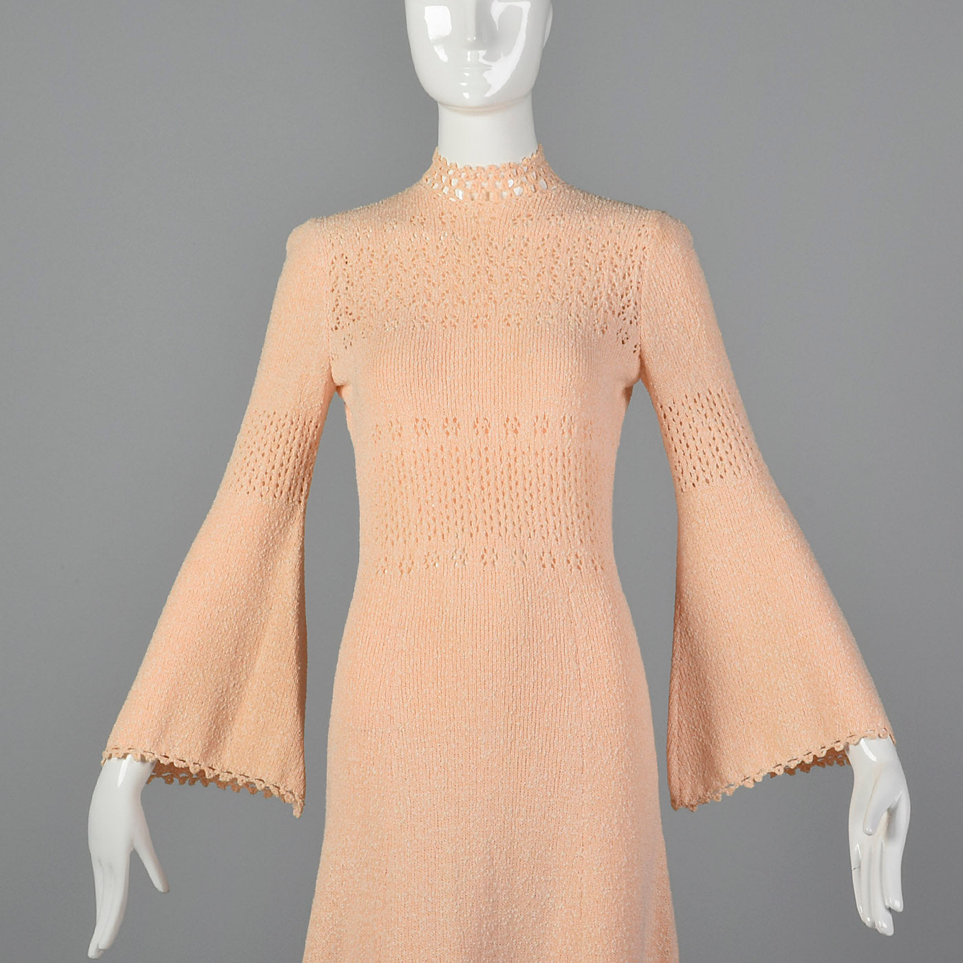 1970s Pink Knit Maxi Dress with Bell Sleeves