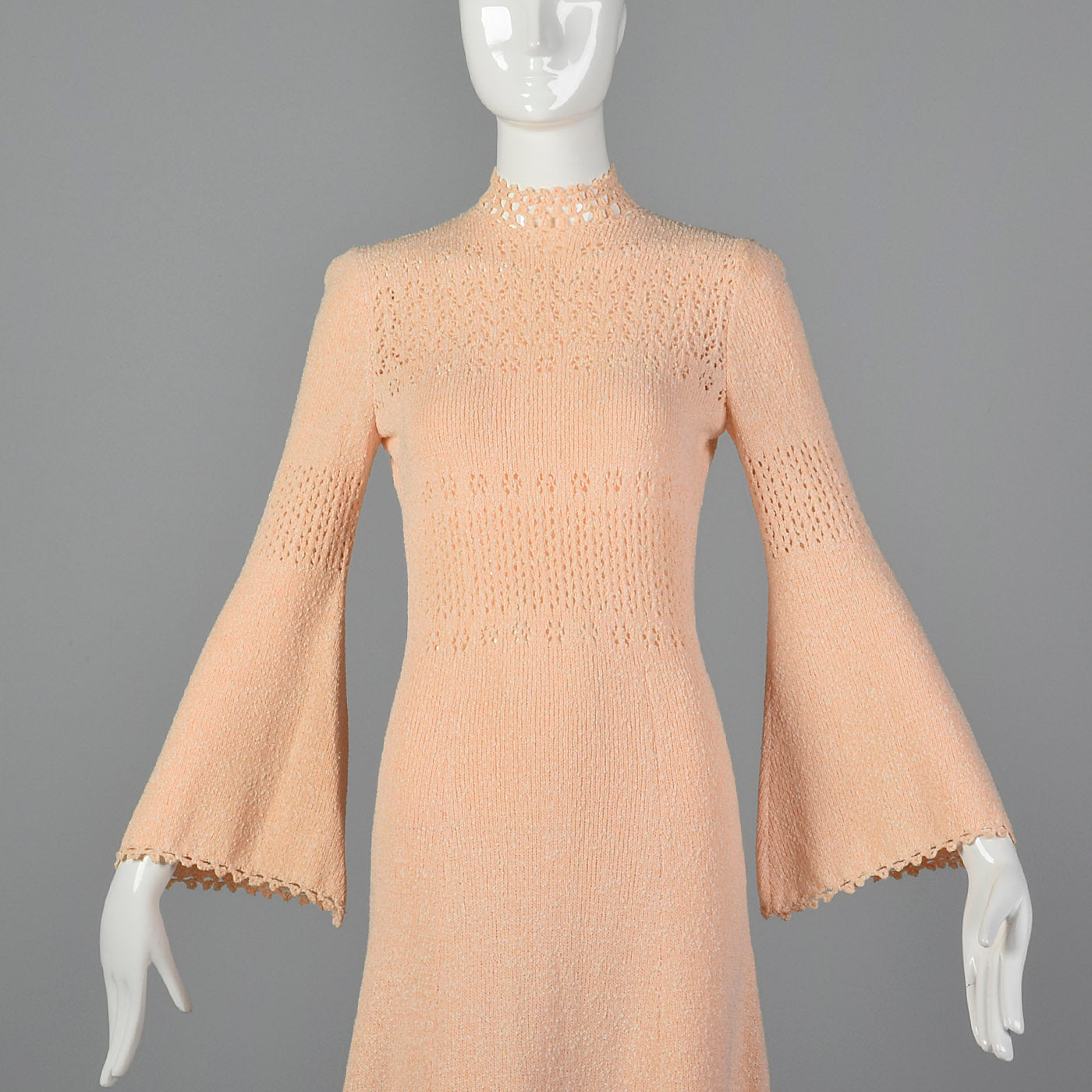 1970s Pink Knit Maxi Dress with Bell Sleeves