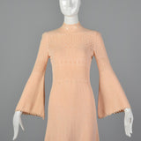 1970s Pink Knit Maxi Dress with Bell Sleeves