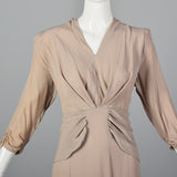 1940s Tan Crepe Dress with Gathered Bodice