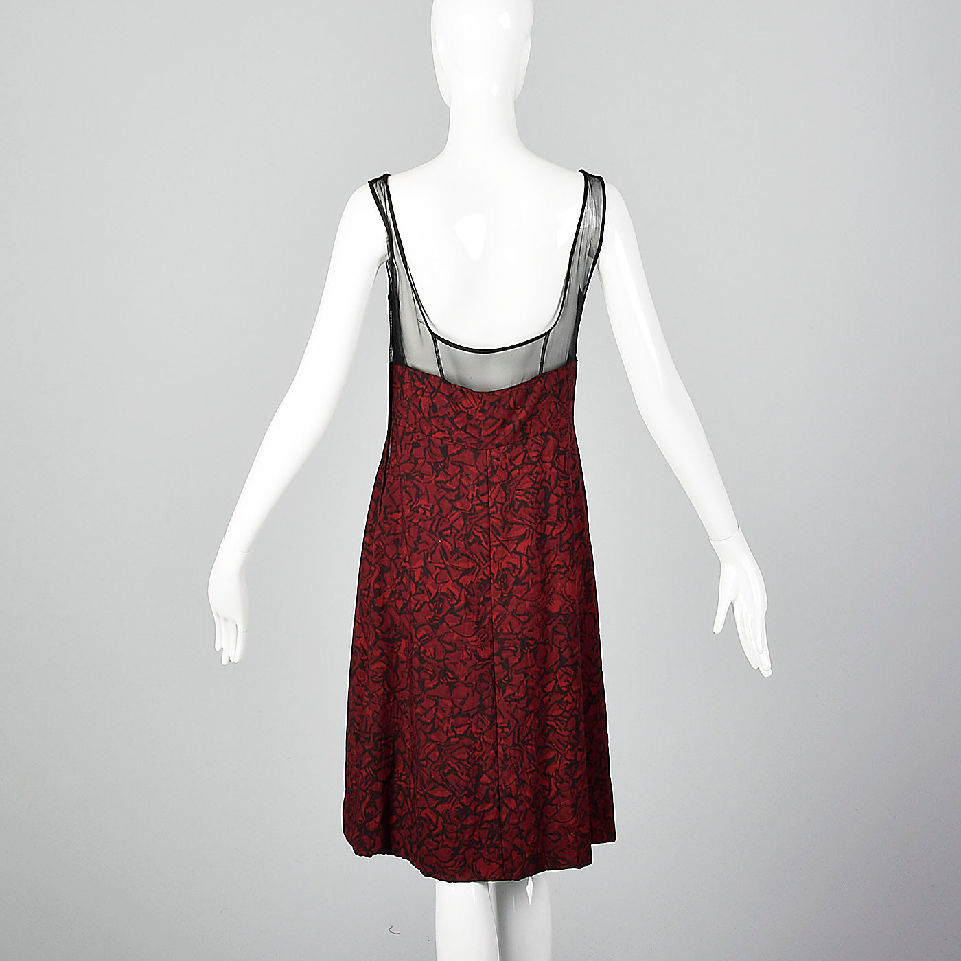 1960s Black and Red Print Dress with Mesh Bodice and Matching Overlay Top