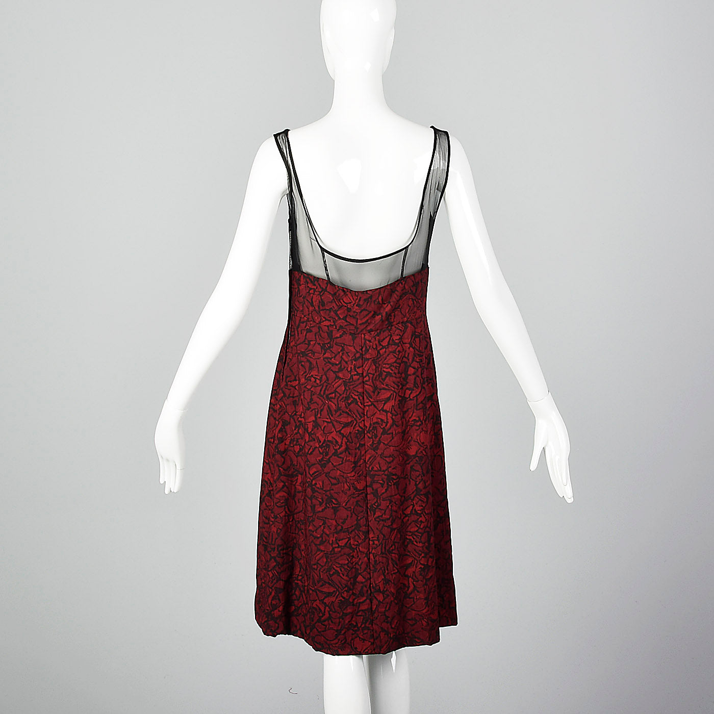 1960s Black and Red Print Dress with Mesh Bodice and Matching Overlay Style & Salvage 1960s Black and Red Print Dress with Mesh Bodice and Matching Overlay Style & Salvage