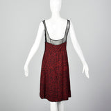 1960s Black and Red Print Dress with Mesh Bodice and Matching Overlay Top