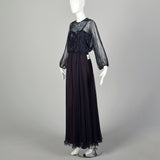 Small 1970s Jack Bryan Dress Blue Beaded Maxi Formal Disco Evening Gown