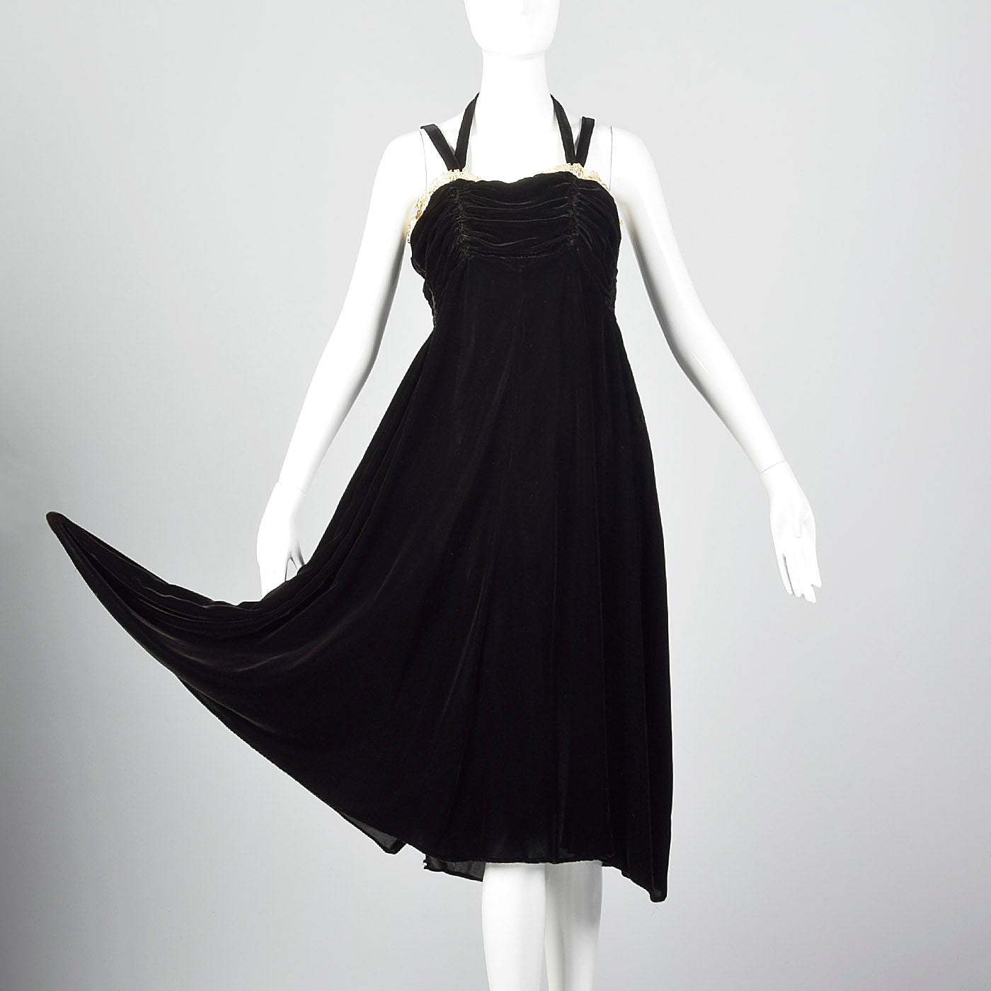 1940s Black Velvet Halter Dress with Ruched Bodice