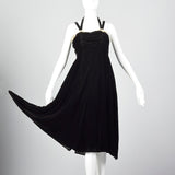 1940s Black Velvet Halter Dress with Ruched Bodice