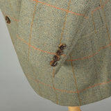 Large 1970s Green Copper Herringbone Plaid Blazer Two Button Front Single Vent Back Welt With Flap Pockets
