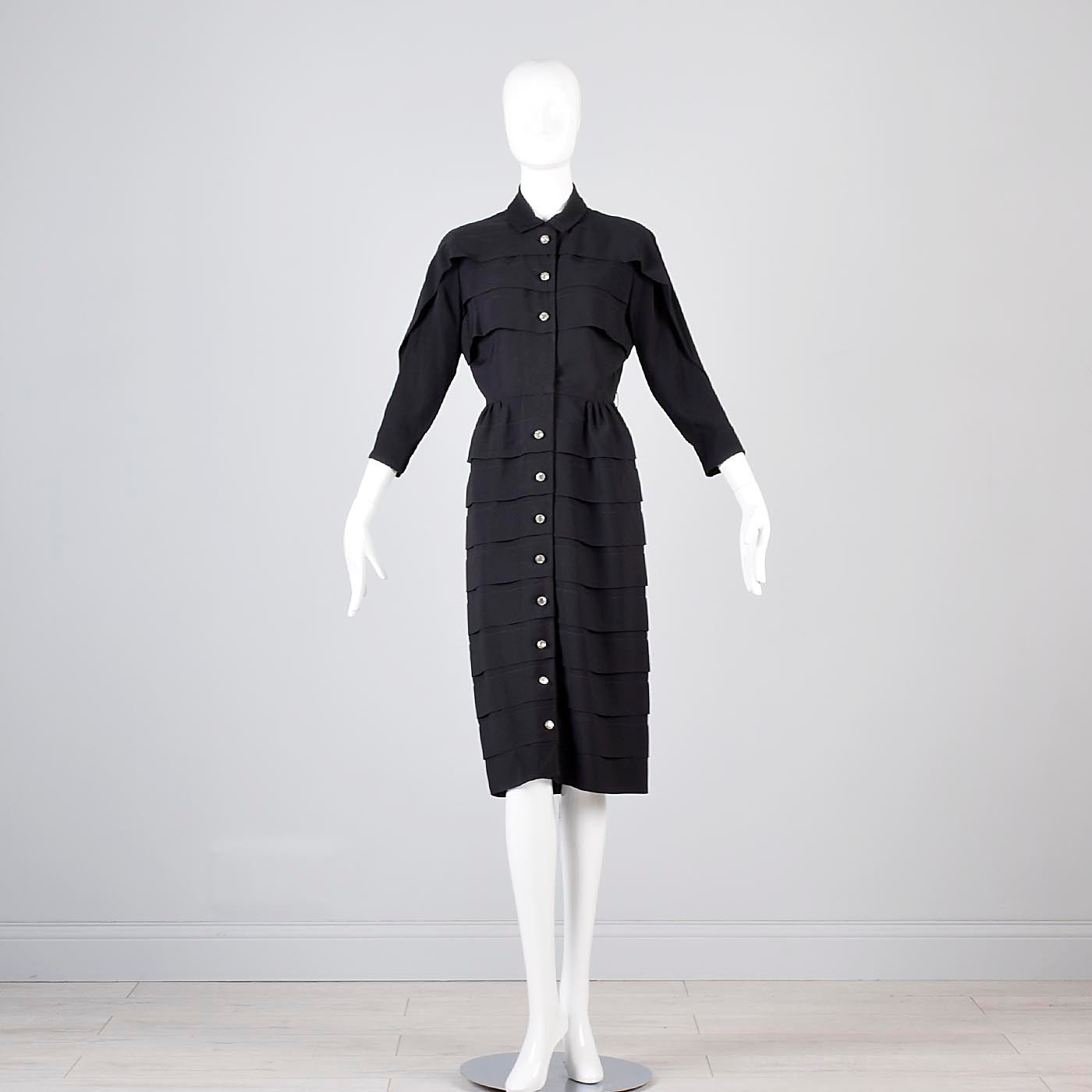 1950s Little Black Cocktail Dress with Layered Design