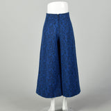 Small 1970s Blue Gaucho Pants Black Paisley Pleated Cropped Wide Leg