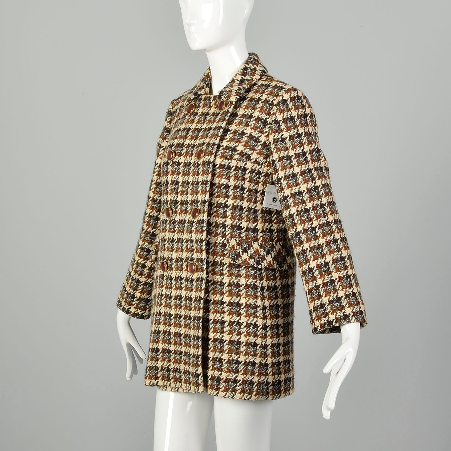 Small 1960s Tweed Coat Plaid Woven Winter Car Coat Mod Double Breasted