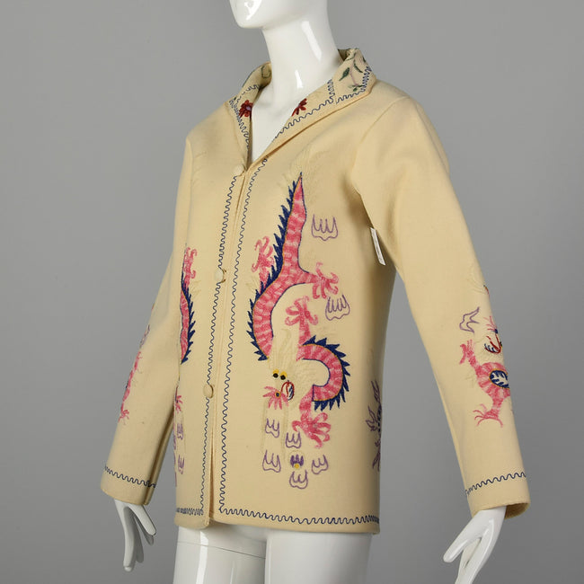 XS 1940s Souvenir Jacket Novelty Asian Dragon Chain Stitch Embroidery Cream Wool