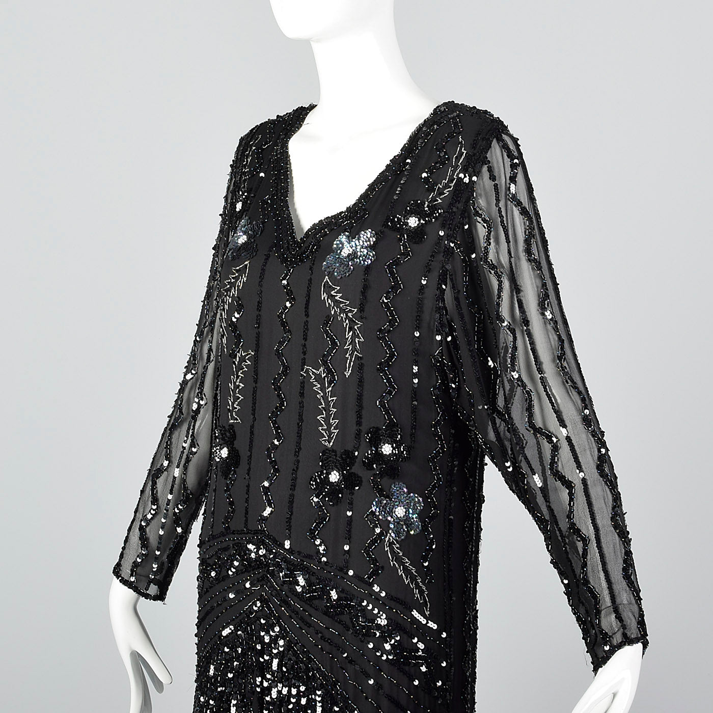 1990s Oleg Cassini Black Silk Beaded Dress