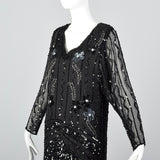 1990s Oleg Cassini Black Silk Beaded Dress